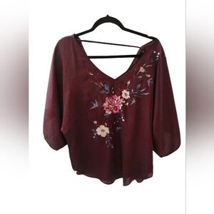 White House Black Market Floral Embroidered Burgundy Blouse SZ S